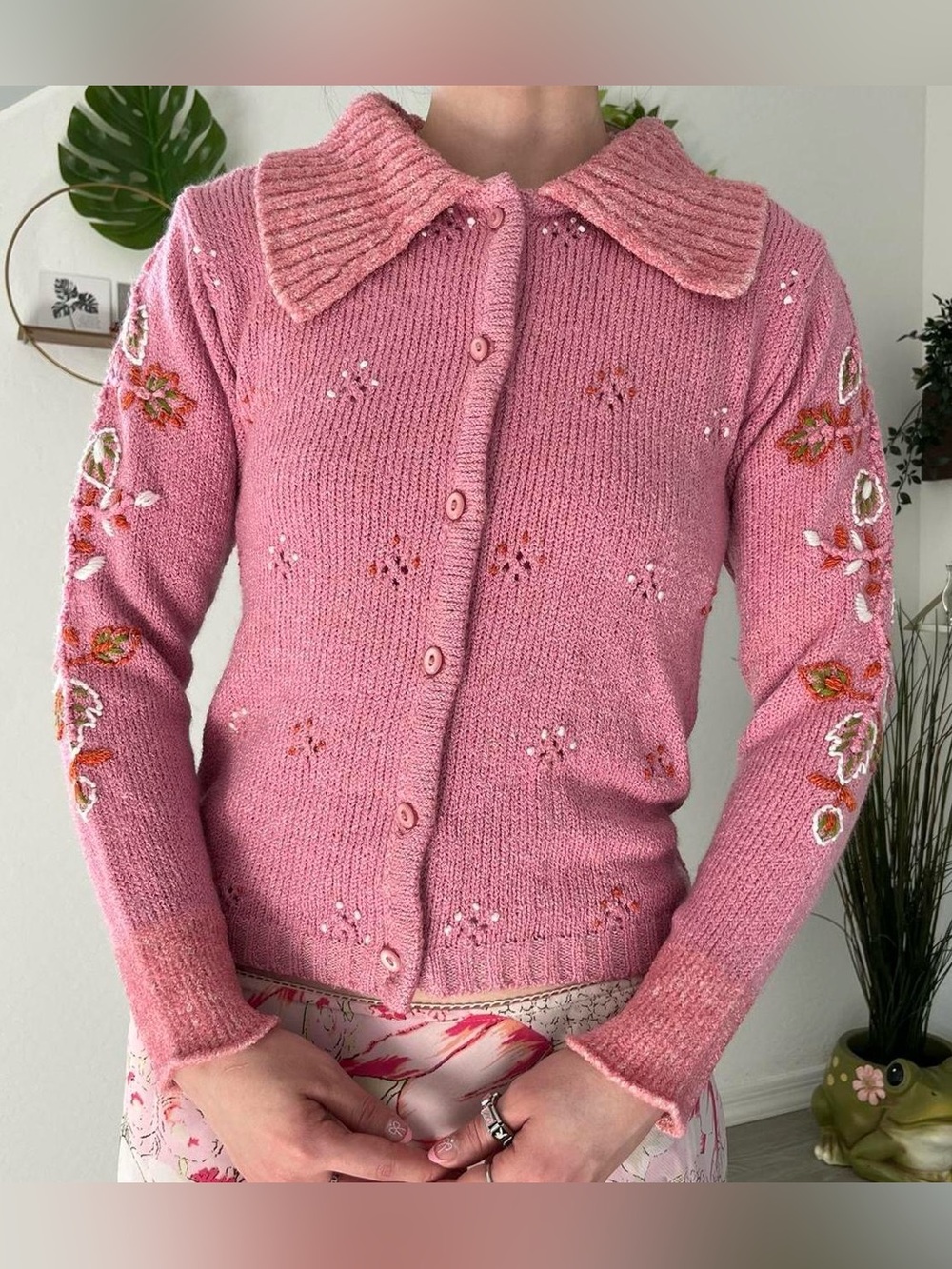 ✧ Pink Embroidered Button-Up Knit Cardigan ✧